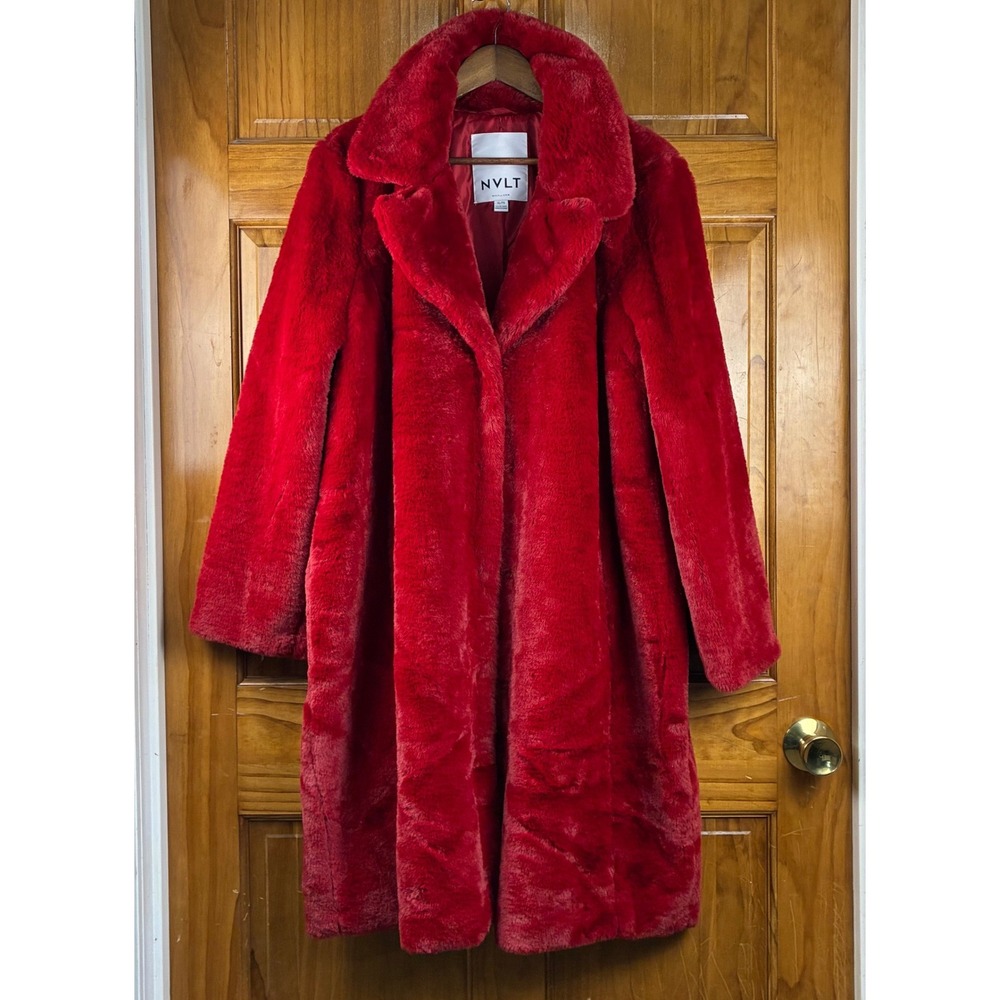 NVLT Red Faux Fur Long Coat Women XL Glam Statement Jacket R2019NVL Plush Retro